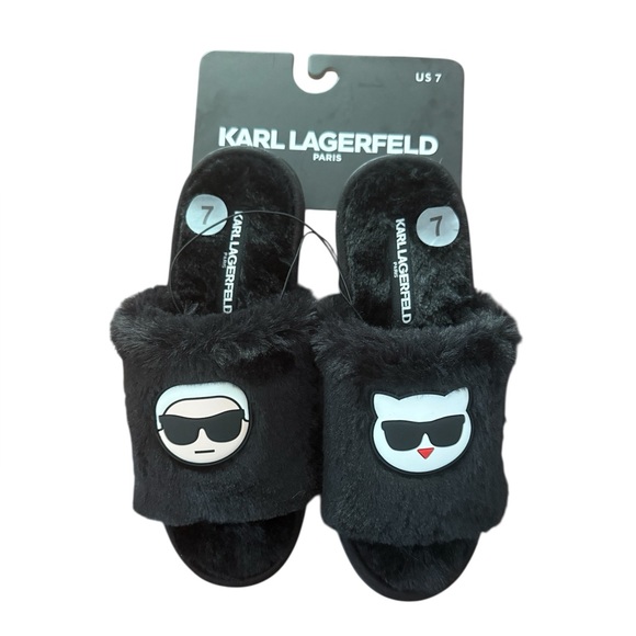 Karl Lagerfeld Black Furry Slippers Size 7, 8, 9 - Picture 2 of 7